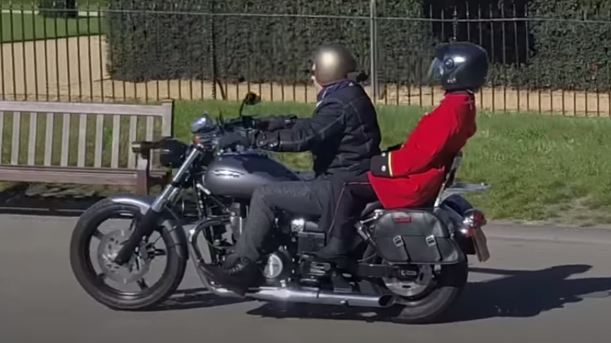  94-year-old Chelsea Pensioner rides pillion with Rufus Hound
